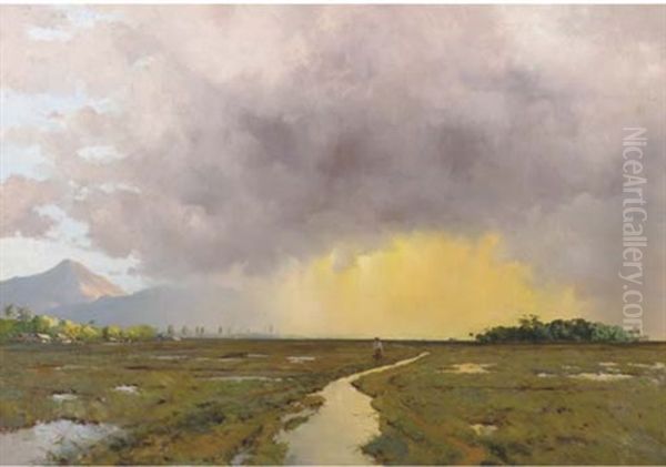 Indonesian Landscape At Dusk Oil Painting by Leo Eland