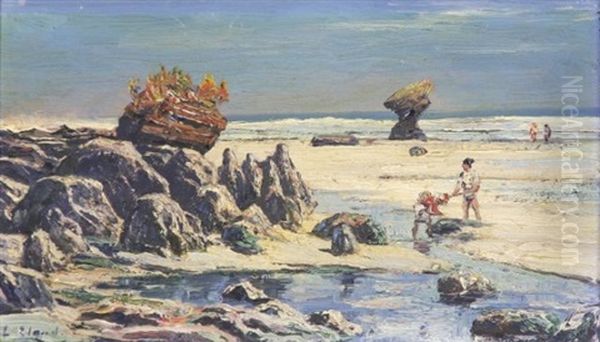 Strand Mit Muschelsuchern Auf Sumatra Oil Painting by Leo Eland