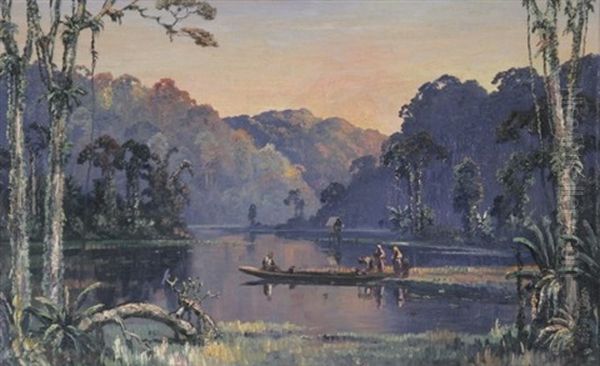 Boschmeer Negara Ratoe, Sumatra. Abendlandschaft Mit Kahn Auf Sumatra by Leo Eland