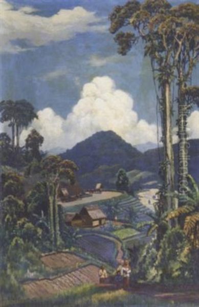 Indonesian Landscape With Figures, Ox-carts In The Distance by Leo Eland