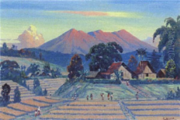 Village Scene With Rice Fields by Leo Eland