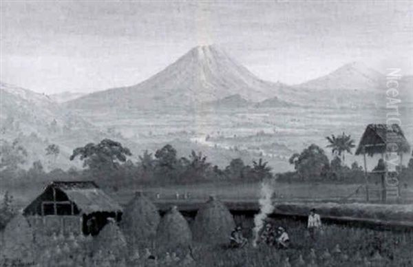 Indonesian Landscape With Figures By A Fire by Leo Eland