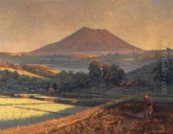 Peasant Working In A Sawah, Volcano In The Distance by Leo Eland