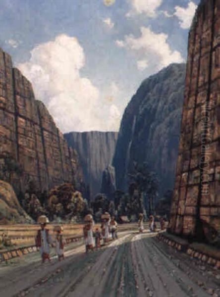 Figures On A Road In The Harrau Valley, Sumatra Oil Painting by Leo Eland