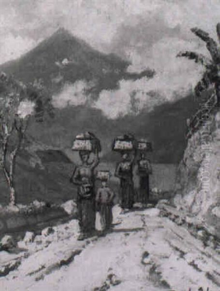 Women On A Path Carrying Baskets On Their Heads by Leo Eland