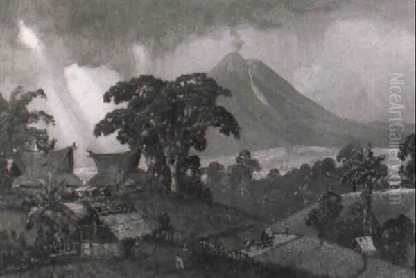 Village In A Hilly Landscape With A Smoking Volcano In The Distance by Leo Eland