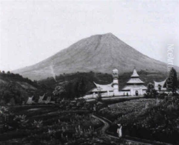 Figures On A Road, Mount Singfalang In The Background, Sumatra by Leo Eland