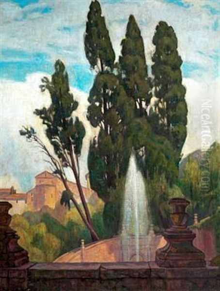 View From A Town With Fountain Oil Painting by Lili Elbe