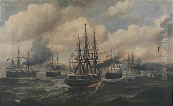 The British Fleet Steaming Up The Dardenelles Oil Painting by Peter Elcombe