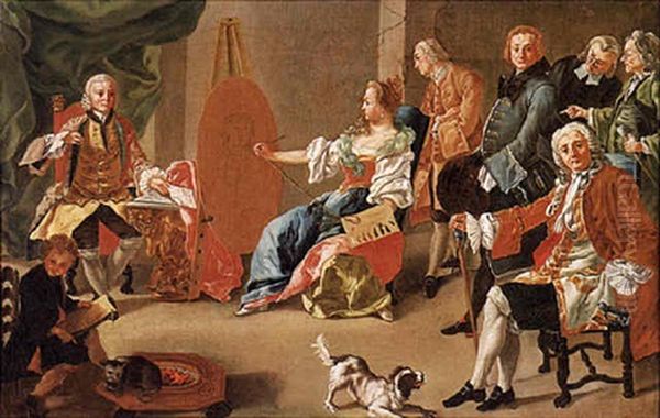 An Allegory Of Painting: An Elegant Company In An Interior With A Gentleman Sitting For His Portrait Oil Painting by Alessio d' Elia