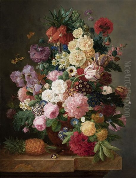 A Sumptuous Flower Still Life With A Crown Imperial, Poppy Anemones, Irises, Tulips, Auricular, Morning Glory And Other Flowers In A Stoneware Vase, Together With Butterflies And A Pineapple On A Marble Ledge Oil Painting by Jean-Francois Eliaerts