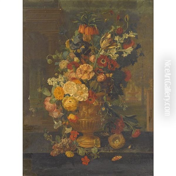 Still Life Of Mixed Flowers In An Urn With Birds Nest, Mouse, And Butterfly On A Ledge Oil Painting by Jean-Francois Eliaerts