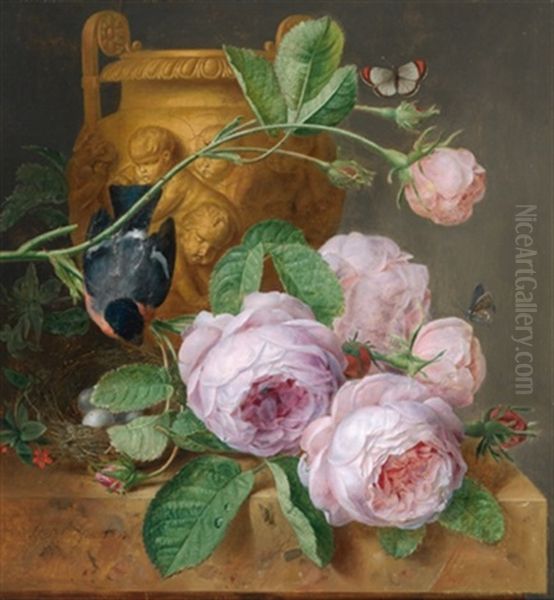 Stillleben Mit Rosen, Einem Dompfaff Uber Dem Vogelnest, Einer Ornamental Verzierten Tonvase, Zwei Schmetterlingen Und Einer Fliege Oil Painting by Jean-Francois Eliaerts