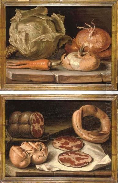 Onions, A Cabbage And A Carrot On A Stone Ledge Oil Painting by Giuseppe Artioli Da Cento