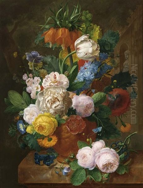 A Flower Still Life In A Terracotta Vase by Jean-Francois Eliaerts