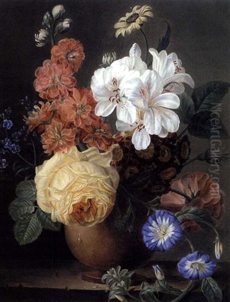 Vase De Fleurs Avec Une Rose Jaune Et Des Paquerettes Sur Un Entablement Oil Painting by Jean-Francois Eliaerts