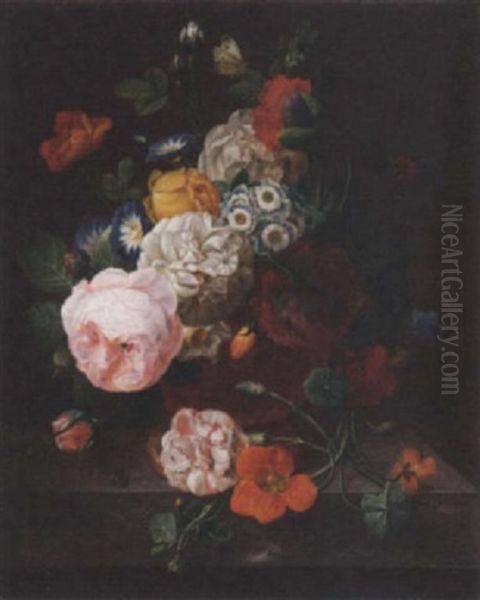 Roses, Peonies, Morning Glories And Other Flowers In An Urn On A Ledge Oil Painting by Jean-Francois Eliaerts