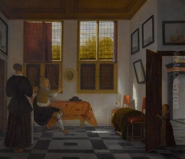 Interieur Mit Einer Dame Und Einem Herren Beim Rauchen Oil Painting by Pieter Janssens Elinga