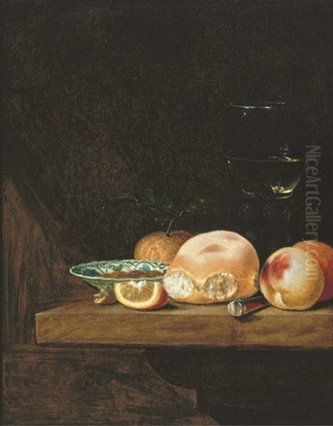 A Bread Roll, Peaches, An Orange, A Lemon Segment, A Porcelain Dish With Nuts, A Knife And A Roemer On A Ledge Oil Painting by Pieter Janssens Elinga