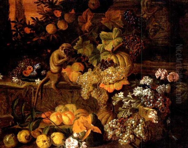 Stilleben Mit Blumen, Fruchten Und Einem Affchen Oil Painting by Pieter Janssens Elinga