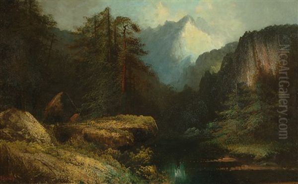 Mountain Landscape With River And Forest In The Foreground by Henry Arthur Elkins