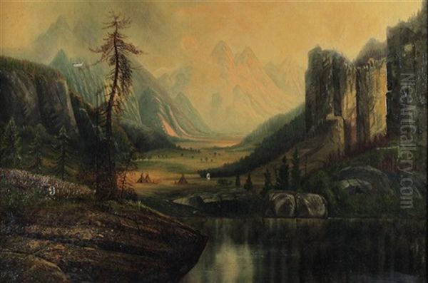 Western Landscape With Native American Settlement Oil Painting by Henry Arthur Elkins