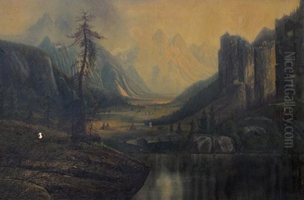 Western Landscape With Indian Settlement Oil Painting by Henry Arthur Elkins