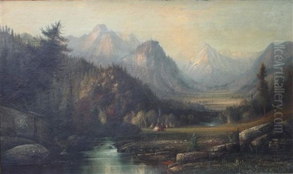 Western Landscape With Native American Settlement Oil Painting by Henry Arthur Elkins