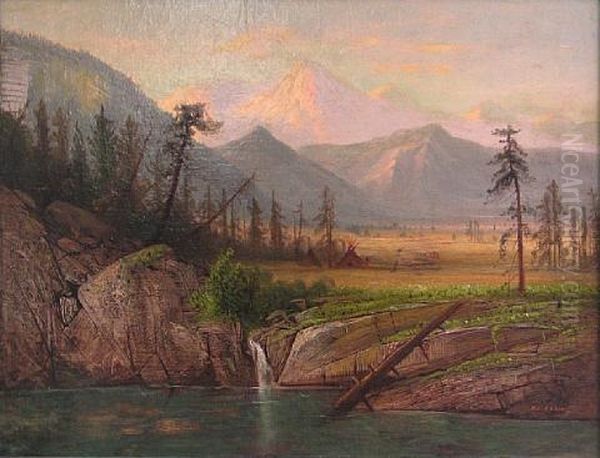 Indian Camp Near Lake With Mountain In The Distance Oil Painting by Henry Arthur Elkins