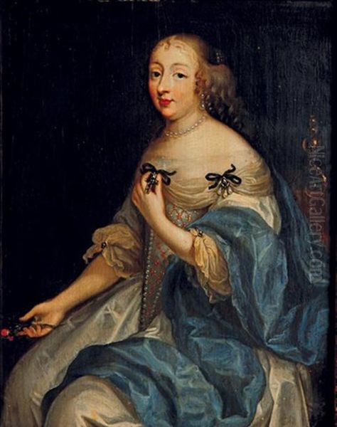 Portrait D'une Femme De Qualite Aux Yeux Bleus, Assise, Presentant Une Croix Nouee A Son Corsage, Des Roses Dans Sa Main Droite Oil Painting by Louis Ferdinand Elle the Elder