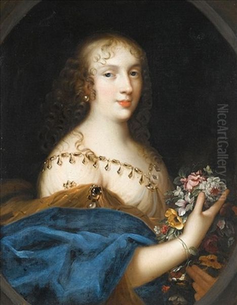 Portrait Of A Young Lady Holding A Bunch Of Flowers (anne-marie-louise D'orleans, Duchesse De Montpensier?) Oil Painting by Louis Ferdinand Elle the Elder