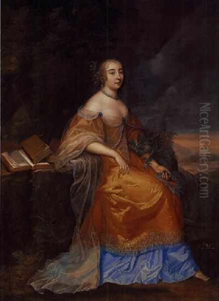 Portrait Of Anne De La Vigne As Calliope In An Orange And Blue Embroidered Dress, Seated, With Laurel Crowns Around Her Arm Oil Painting by Louis Ferdinand Elle the Elder