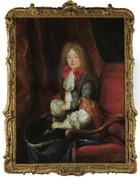 Portrait Of Philippe D'orleans, Duc De Chartres, Wearing A Long Wig, Embroidered Coat, A White Glove And Holding A Hat, In A Draped Interior Oil Painting by Louis Ferdinand Elle the Elder