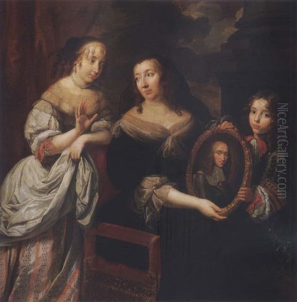 Portrait Of A Young Woman, An Older Woman And Young Boy Holding A Portrait Of A Man In Armor Oil Painting by Louis Ferdinand Elle the Elder