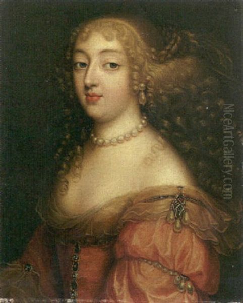 Portrait Of A Lady (laura Mancini, Duchesse De Merceur?) In A Red Dress With A Pearl Necklace And Earrings Oil Painting by Louis Ferdinand Elle the Elder