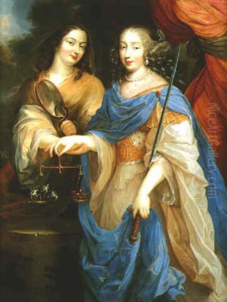 Portrait De La Grande Mademoiselle En Allegorie De La Justice Accompagnee De La Prudence Oil Painting by Louis Ferdinand Elle the Elder