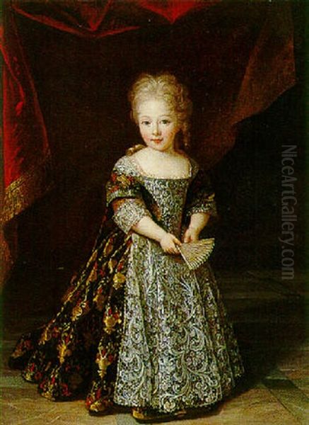 Portrait Of A Young Girl Wearing An Embroidered Lace-trimmed Dress, Holding A Fan Oil Painting by Louis Ferdinand Elle the Younger