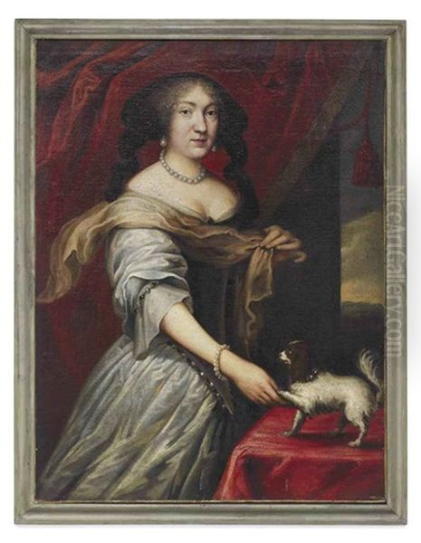 Portrait Of A Lady In A White Silk Dress, A Puppy By Her Left Hand Oil Painting by Ferdinand Elle