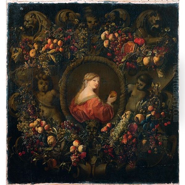 Portrait Of A Lady Holding An Apple And Wearing A Fruit Garland Oil Painting by Ottmar Elliger the Elder