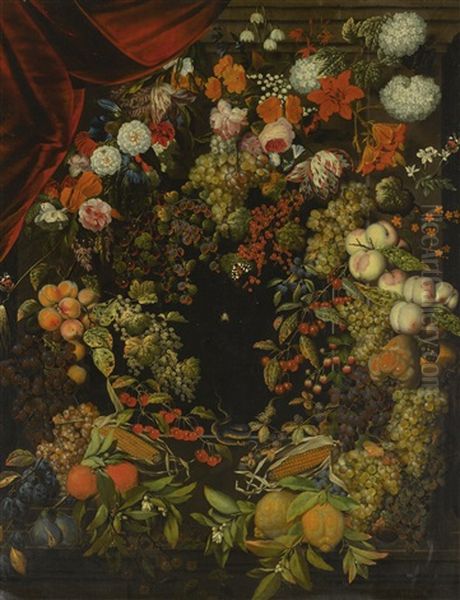 A Garland Of Flowers And Fruit Around A Stone Niche With Butterflies, A Snake And A Spider Oil Painting by Ottmar Elliger the Elder