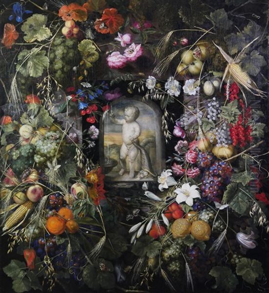 A Garland Of Flowers And Fruit Around A Niche With A Putto Oil Painting by Ottmar Elliger the Elder