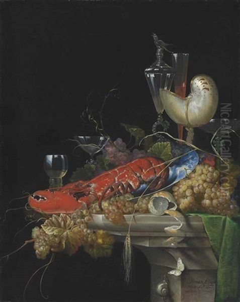 A Lobster On A White Porcelain Platter With Grapes And A Partly-peeled Lemon, A Nautilus Cup, A Roemer And Facon-de-venise Wineglasses, On A Stone Ledge, With A Snail And A Butterfly Oil Painting by Ottmar Elliger the Elder