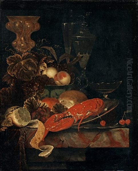 Still Life With A Lobster And Fruits Oil Painting by Ottmar Elliger the Elder