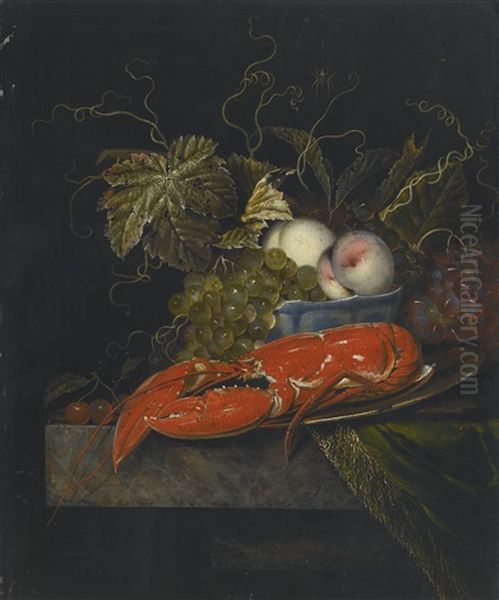 Still Life With Grapes, Peaches And A Lobster, All On A Marble Ledge Oil Painting by Ottmar Elliger the Elder