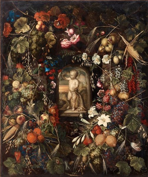 Stilleben Med Exotiska Frukter, Blommor Och Insekter Kring En Nisch Med En Staende Putti Oil Painting by Ottmar Elliger the Elder