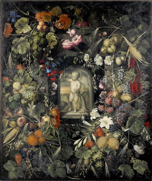 Stilleben Med Exotiska Frukter, Blommor Och Insekter Oil Painting by Ottmar Elliger the Elder