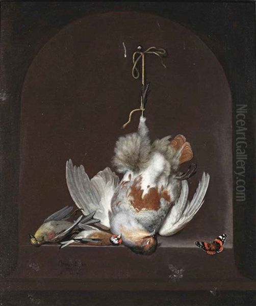 A Partridge, A Goldfinch, A Yellowhammer And A Red Admiral On A Marble Ledge In A Niche Oil Painting by Ottmar Elliger the Elder