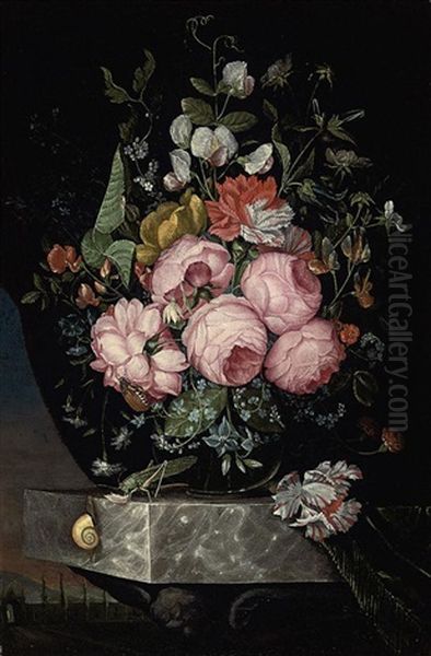 Roses, A Parrot Tulip, Carnations And Other Flowers In A Glass Vase On A Marble Ledge With A Snail, A Beetle And A Cricket Oil Painting by Ottmar Elliger the Elder