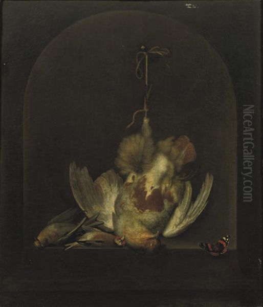 A Dead Partridge Hanging From A Nail With Two Other Dead Birds In A Painted Niche Oil Painting by Ottmar Elliger the Elder