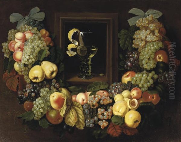 A Garland Of Grapes, Peaches, Plums And Apples Oil Painting by Ottmar Elliger the Elder